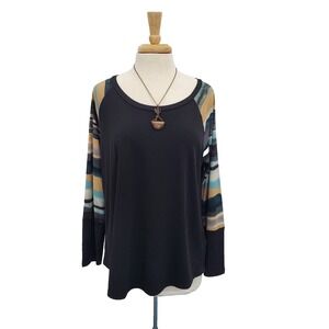 Womens 1X Black Striped Raglan Top Long Sleeve Boho Casual Plus Size Shirt